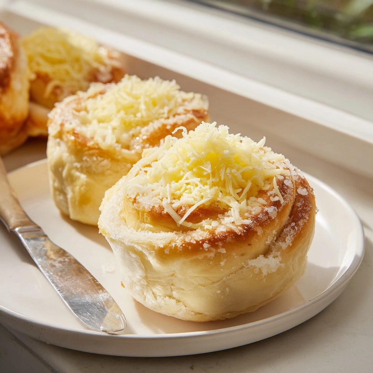 Vue rapprochée d'ensaymada moelleux, recouvert de beurre sucré et de fromage râpé, collation filipino parfaite.