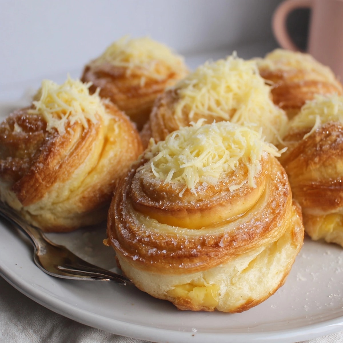 Préparation de l'ensaymada : une brioche filipino dorée, idéal à déguster avec un café chaud.