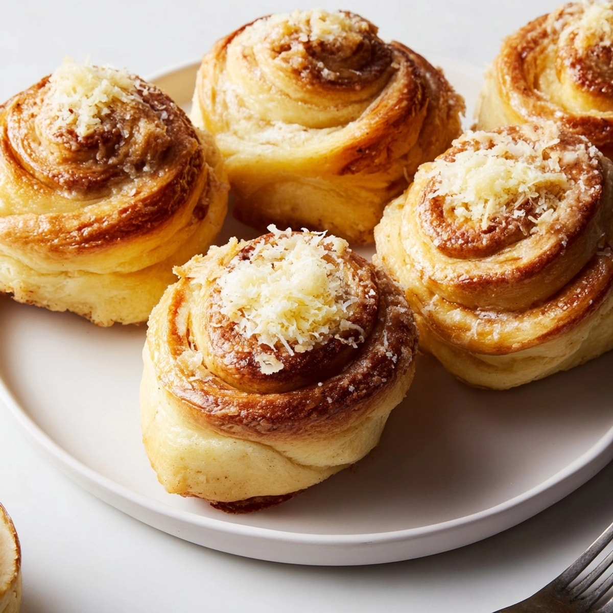 Image d'ensaymada fraîchement sortis du four, nappés de beurre fondu, un délice sucré salé.