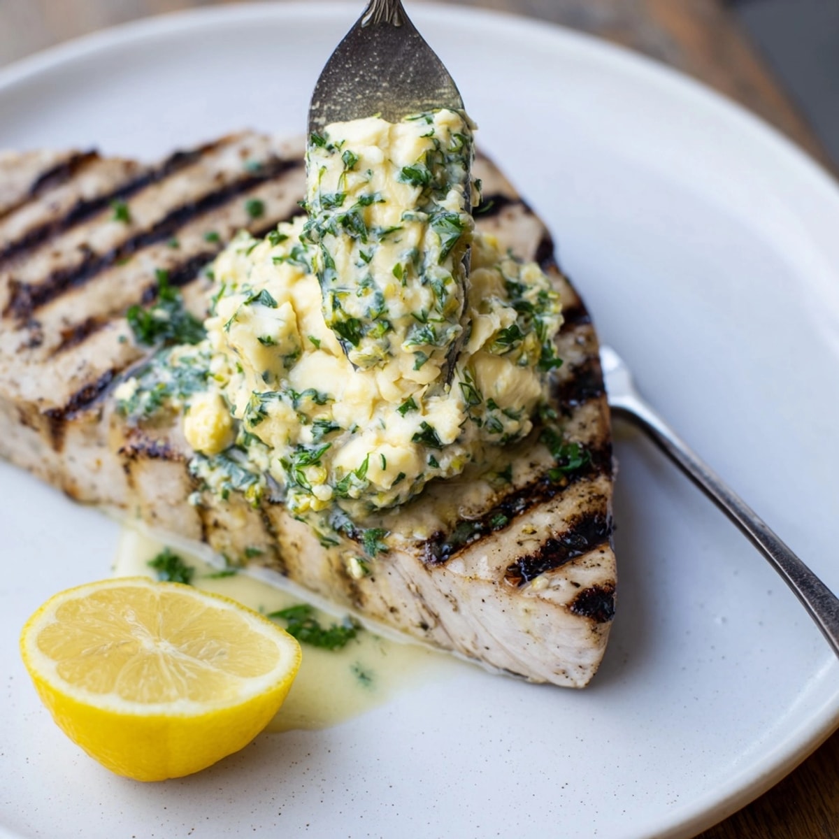 Saisie de Keto Swordfish avec du beurre aux herbes au citron.
