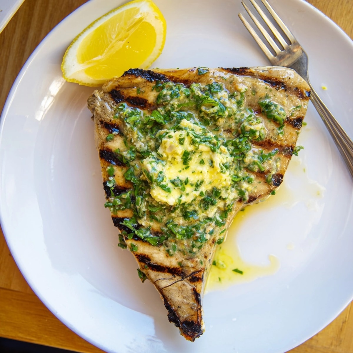 Swordfish au beurre d'herbes au citron : Un steak doré et savoureux nappé de beurre parfumé.