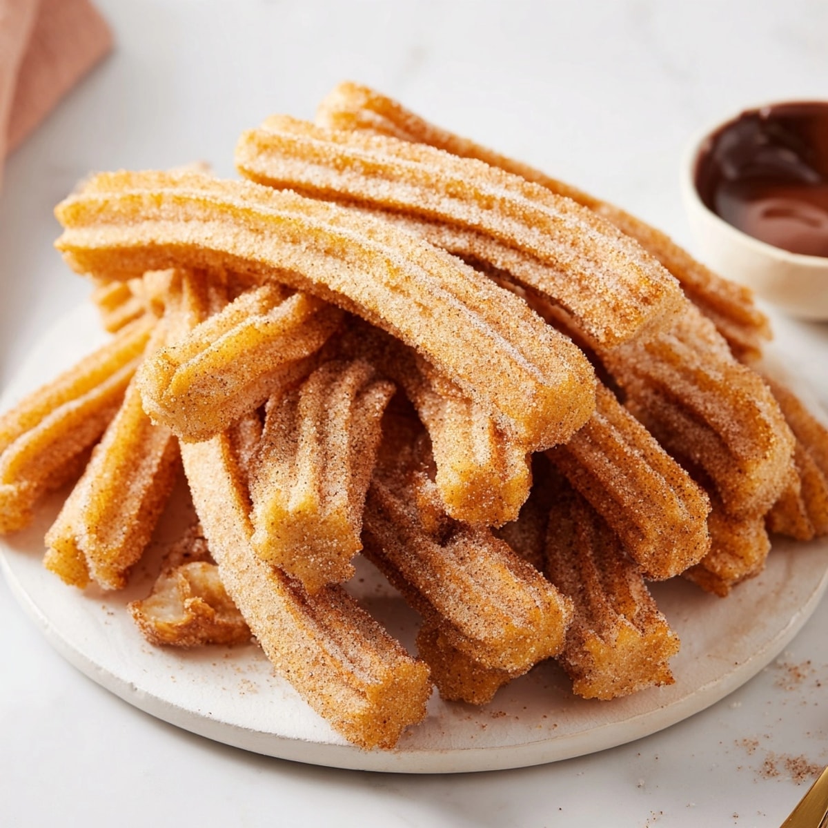 Churros sans produits laitiers, dorés et croustillants, saupoudrés de sucre à la cannelle, prêts à être dégustés.
