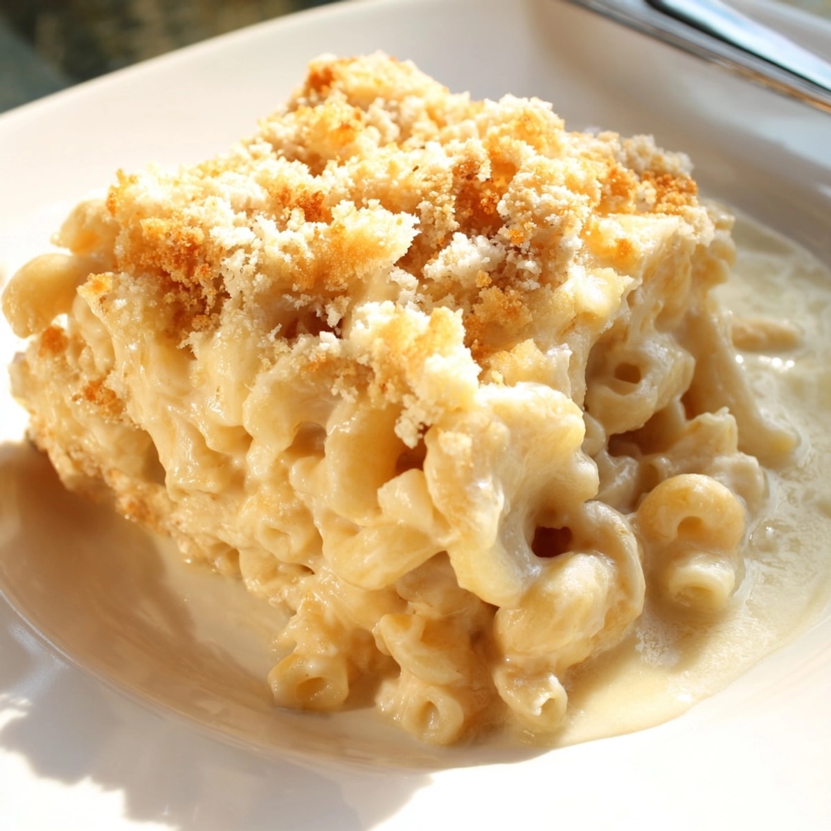 Gratin de macaroni aux trois fromages crémeux, doré au four et appétissant.