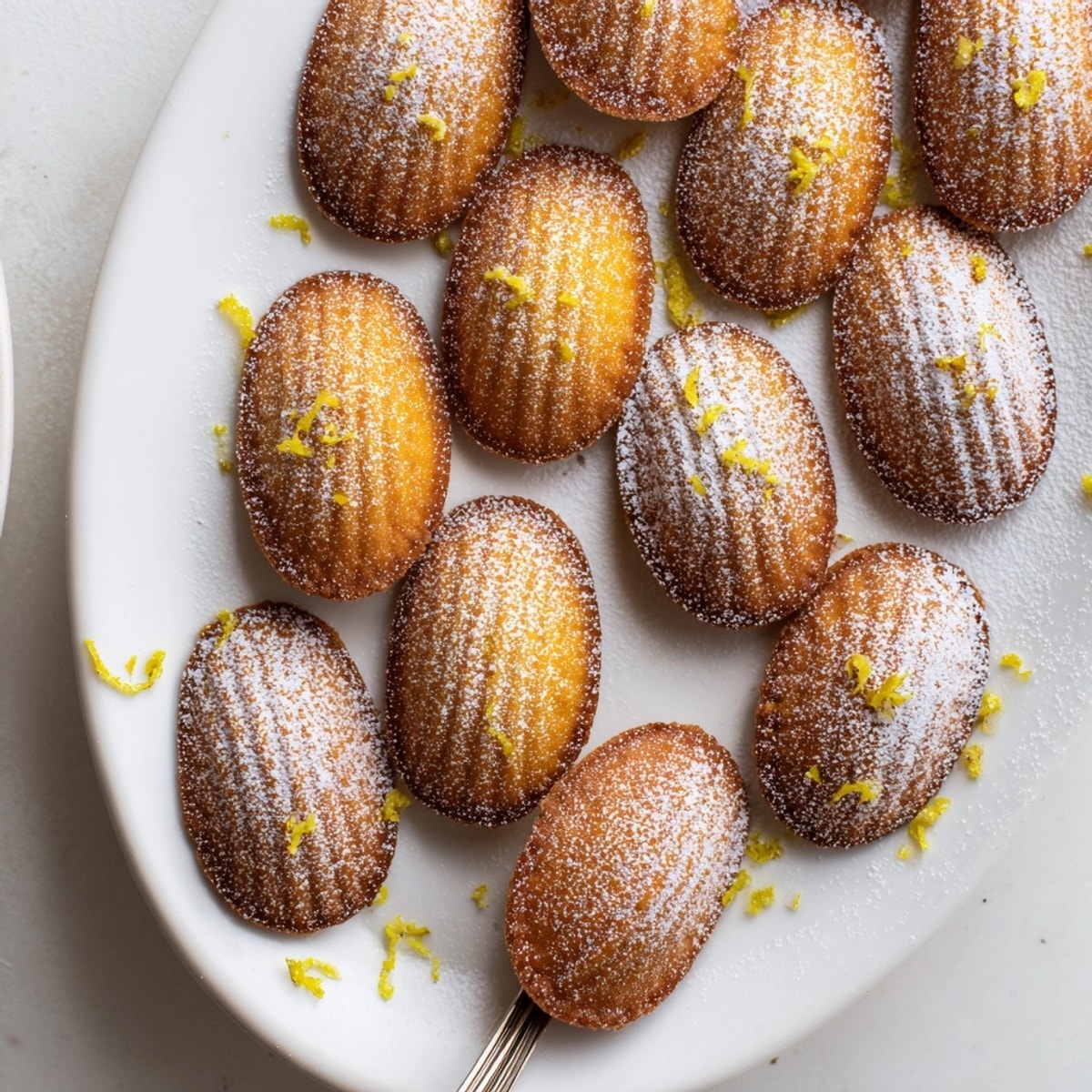 Vue rapprochée de mini madeleines dorées, cuites dans leur moule à coquille distinctif.