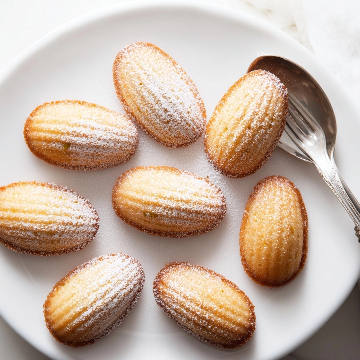 Recette de mini madeleines beurrées, prêtes à déguster, saupoudrées de sucre glace.