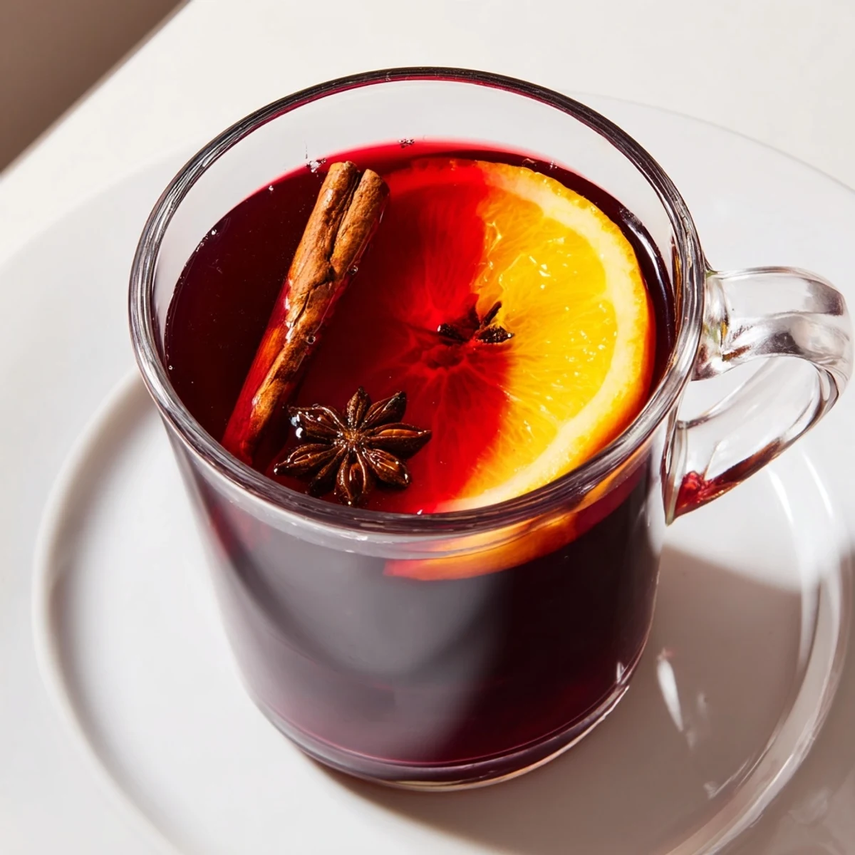 Steaming mugs of Spiced Wine are garnished with orange slices and cinnamon, a cozy winter recipe.