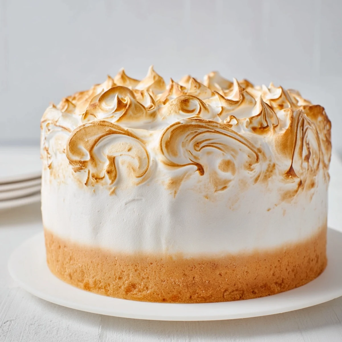 Golden, toasted meringue surrounds a slice of magnificent Baked Alaska dessert with vanilla ice cream.
