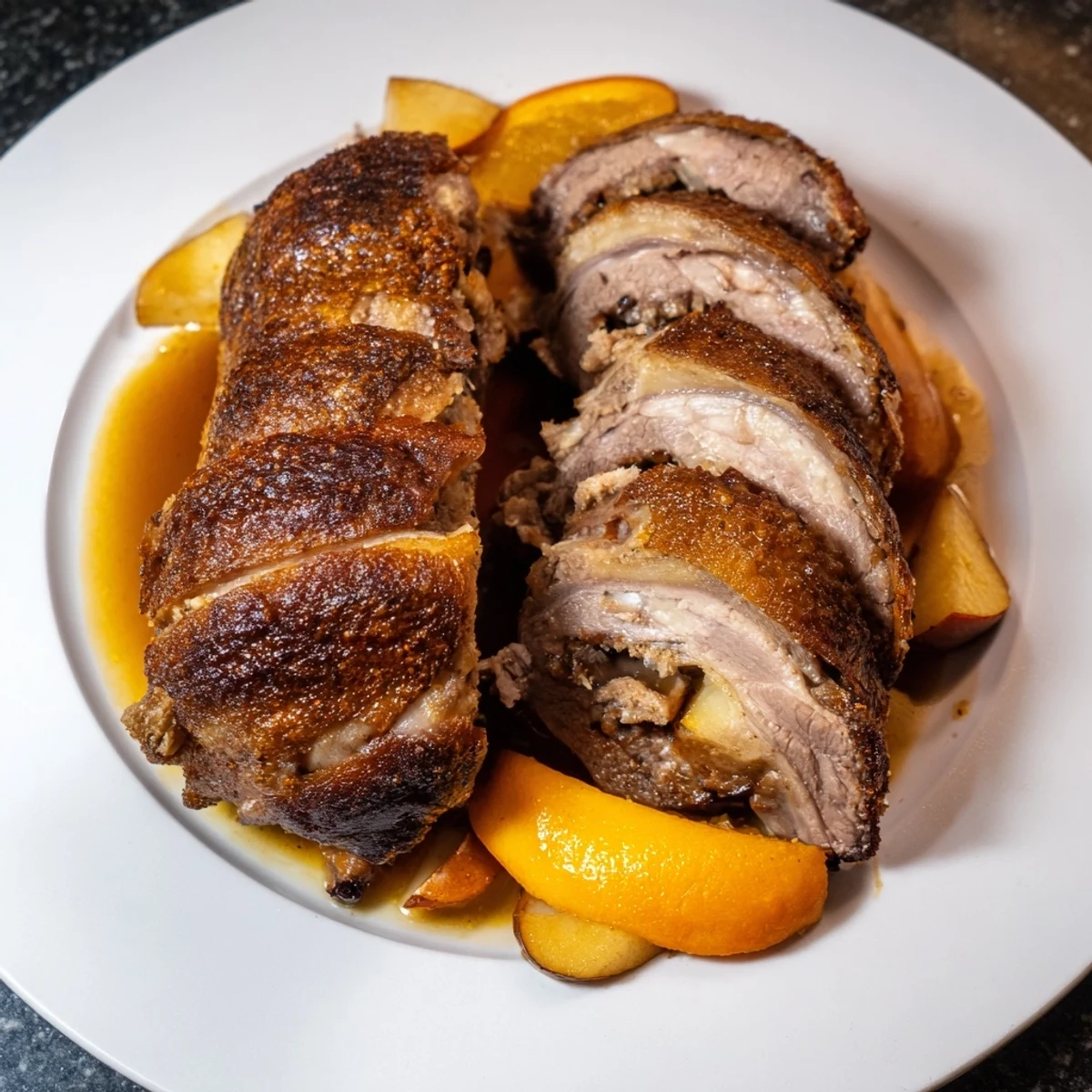A golden-brown roasted goose, a holiday centerpiece, with crackling skin and fragrant herbs.