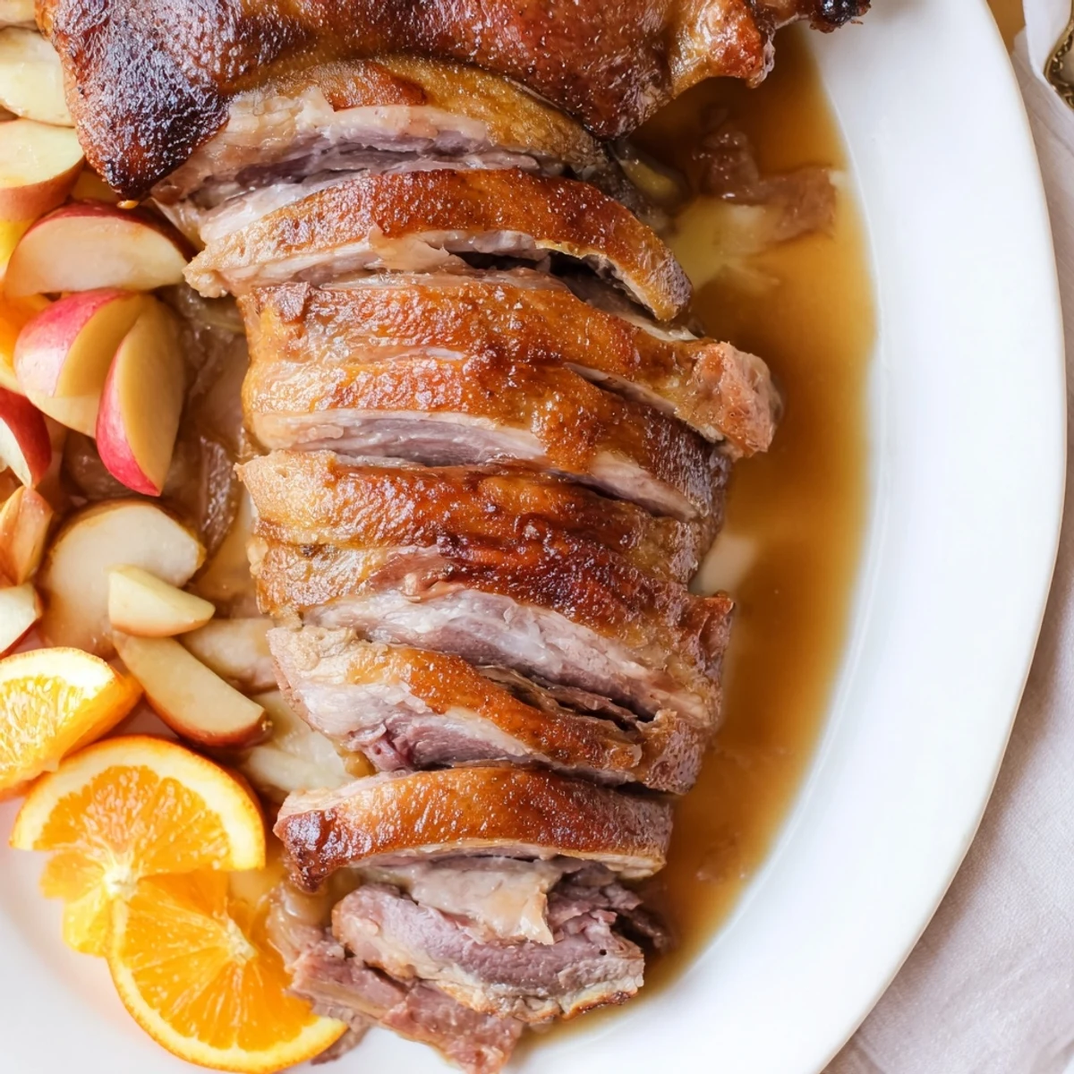 Close-up of a beautifully roasted goose, its crispy skin showcasing rich, savory flavors.