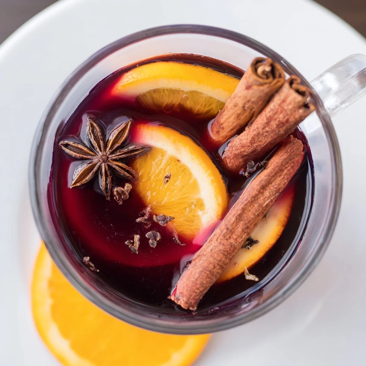 Warm, steaming Spiced Wine, garnished with orange slices and cinnamon, ready to serve and enjoy.