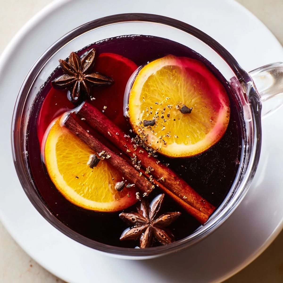 Fragrant, hot Spiced Wine infused with spices, a festive and cozy beverage with fruit juice.