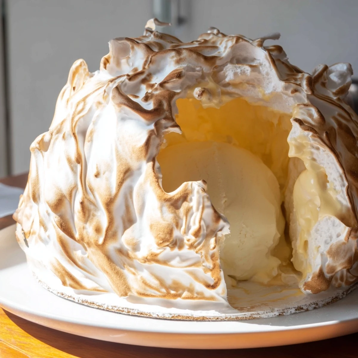 Golden-brown baked Alaska with visible swirls of meringue, a delightful dessert.