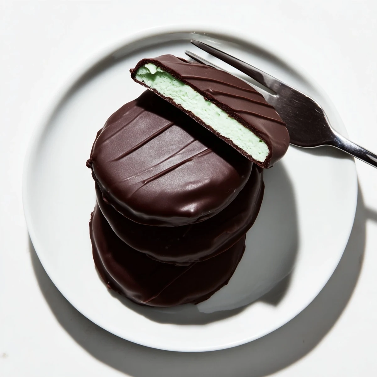 Deliciously creamy peppermint patty center coated in glistening dark chocolate, ready to enjoy.