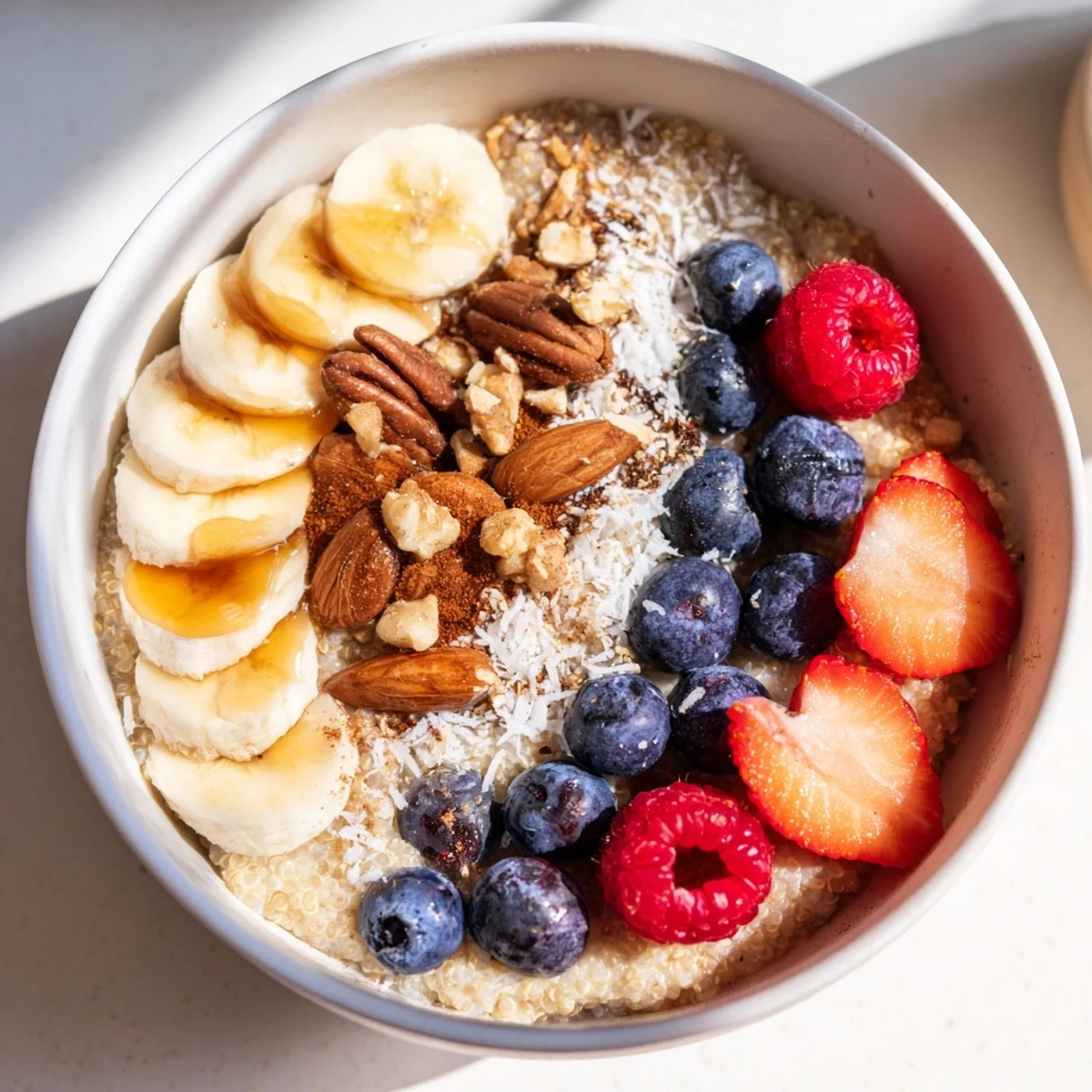 Warm Quinoa Breakfast Bowl with fresh berries and nuts, ready for a delicious breakfast.