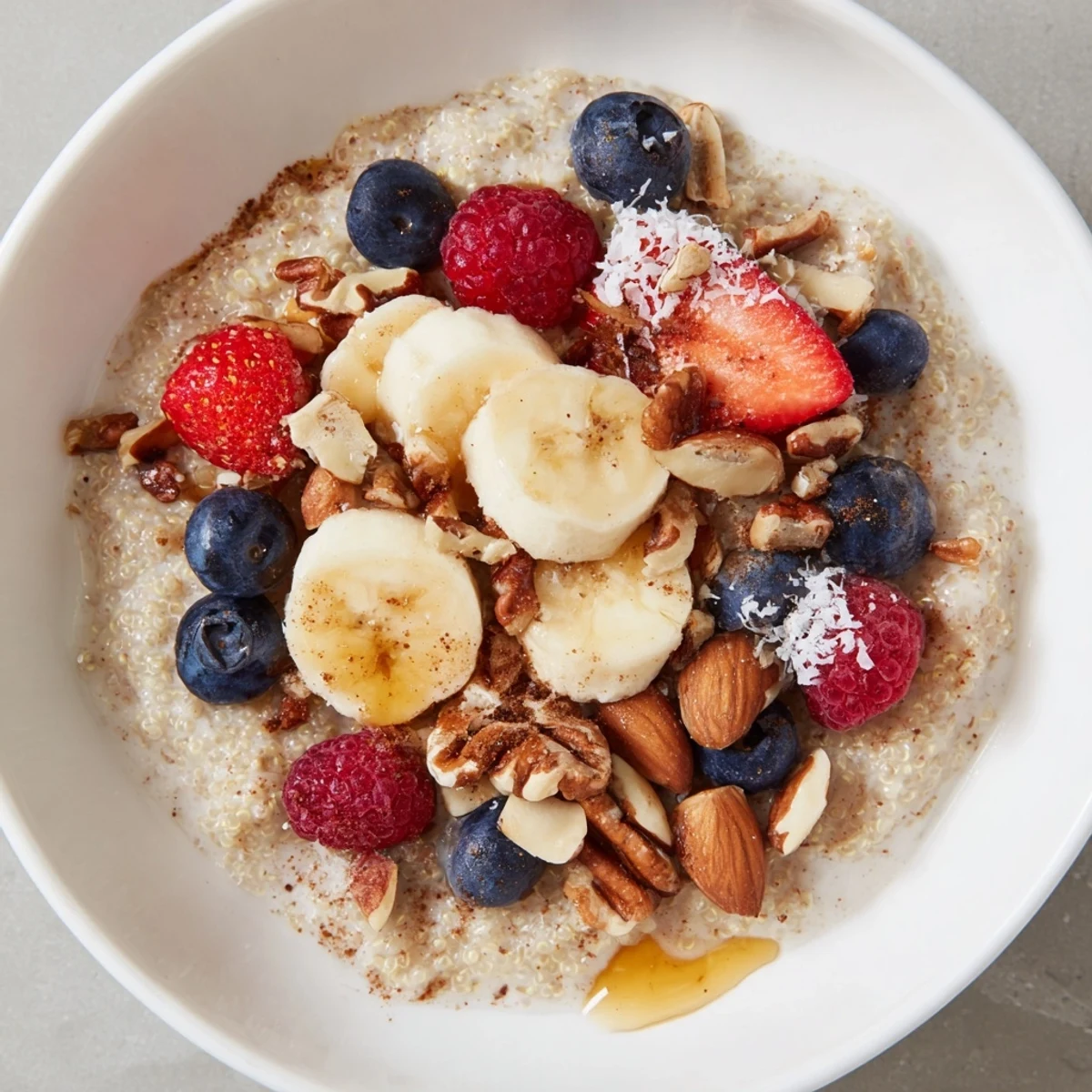 A colorful Quinoa Breakfast Bowl topped with sliced bananas, perfect for a healthy start.