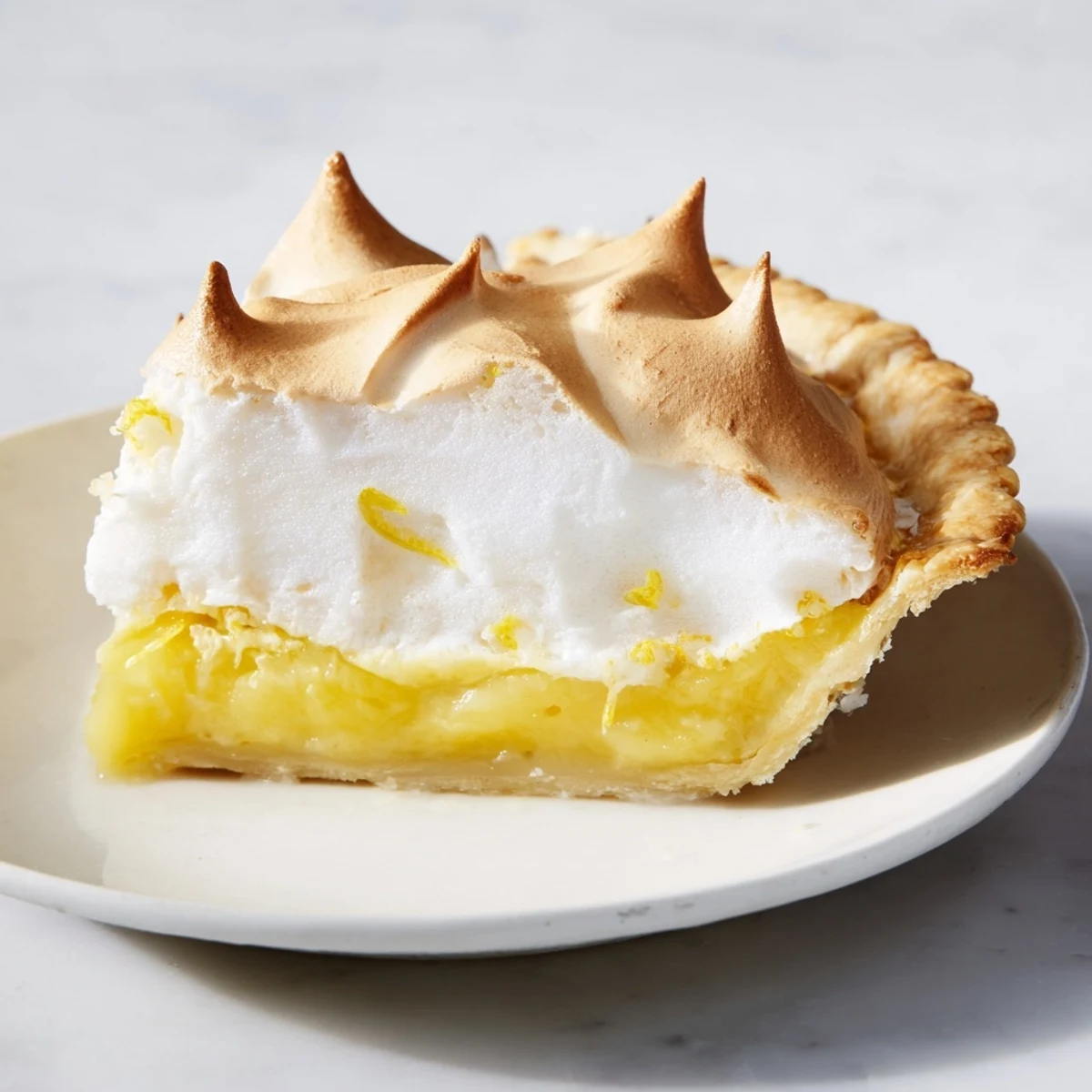 Close-up of a lemon meringue pie reveals the contrast of creamy filling and toasted meringue peaks.