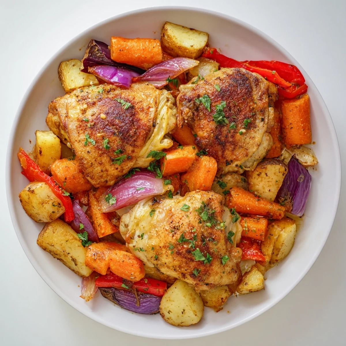 A plate of golden roasted chicken and vegetables, part of a savory meal, ready to enjoy.