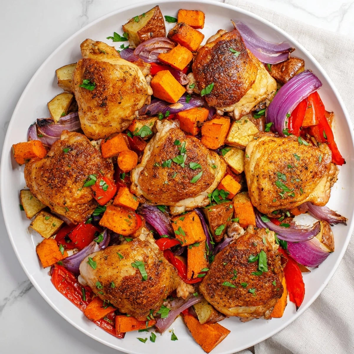 Sizzling savory meal features crispy chicken skin atop flavorful roasted seasonal vegetables.