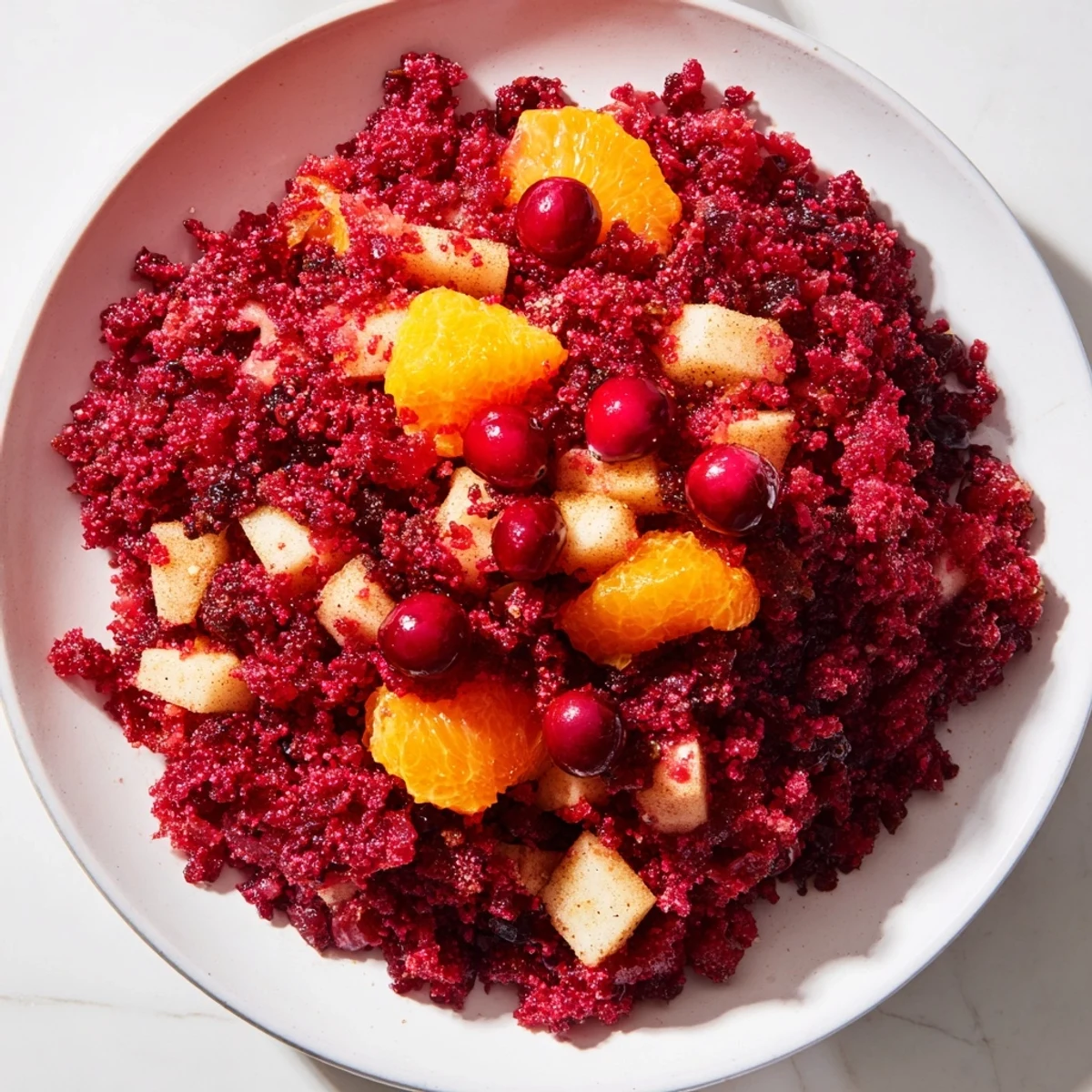 A vibrant bowl of fresh Cranberry Relish, with chunks of orange and apple, ready to serve.