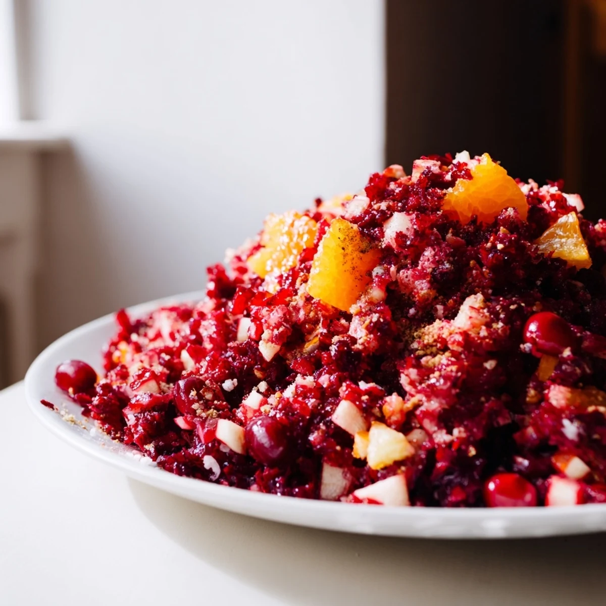 Homemade Cranberry Relish, a colorful holiday condiment, shows off its sweet and tangy flavors.