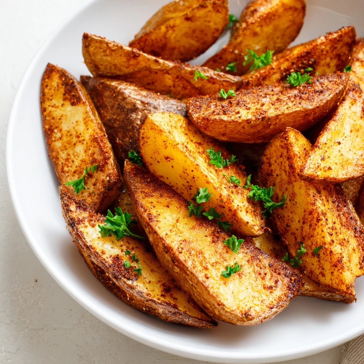 Oven-baked potato wedges, a simple side, spiced and ready to serve with ketchup.