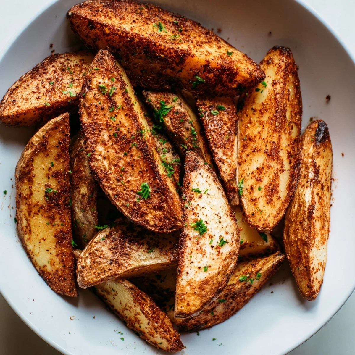 Golden-brown baked potato wedges, crispy-edged and seasoned, ready for dipping.