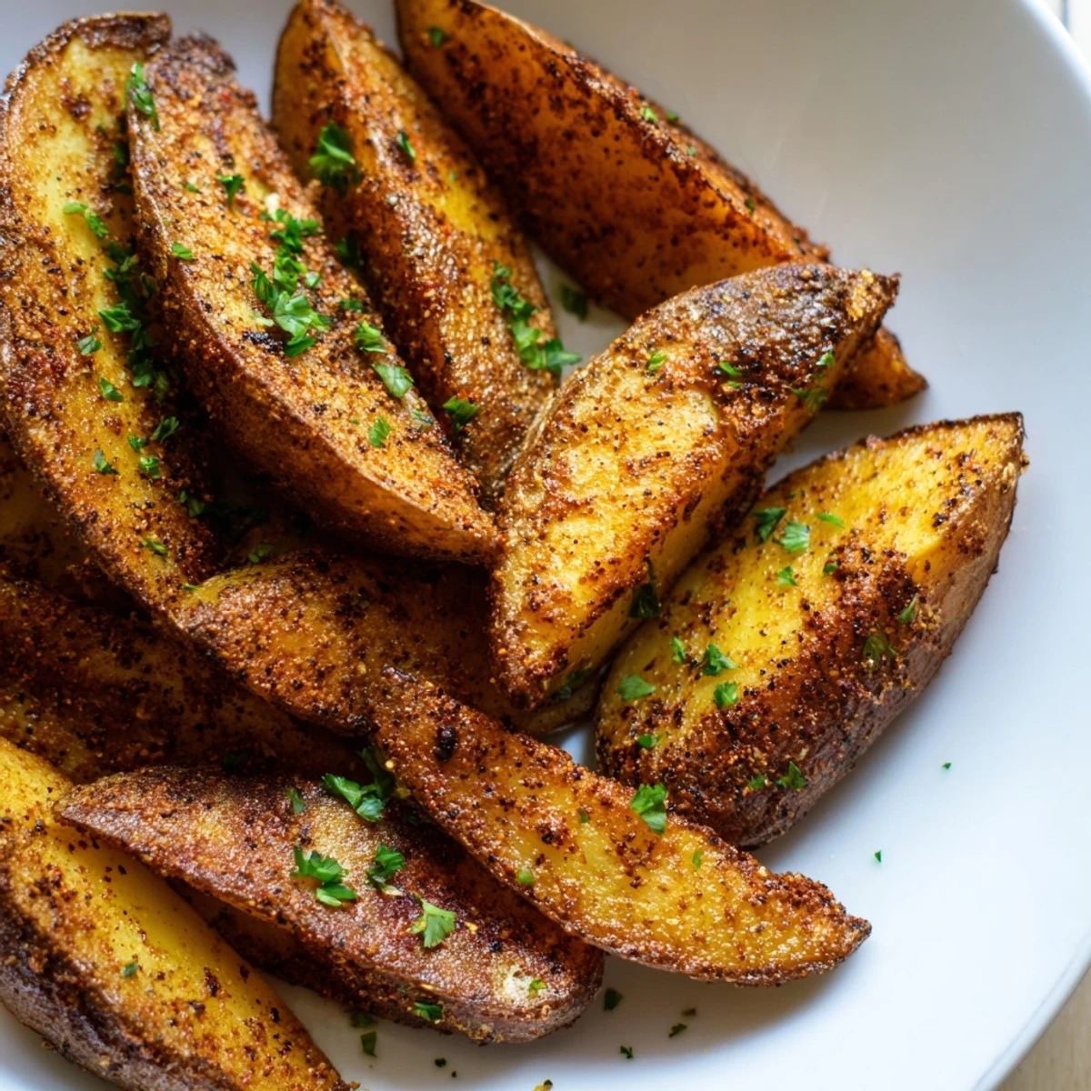 Close-up of freshly baked potato wedges: golden, flavorful, and perfectly seasoned.