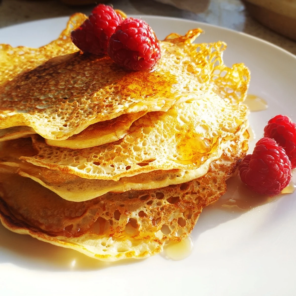 Crispy edge pancakes, golden brown and wonderfully lacy, ready to be topped and enjoyed warm.