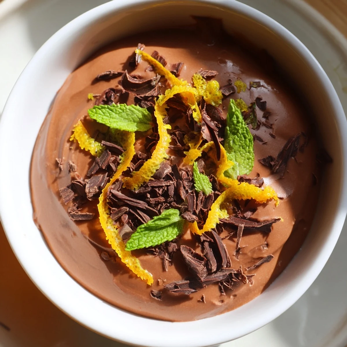 Un mousse au chocolat et avocat, délicatement parfumé à l'orange et prêt à déguster.
