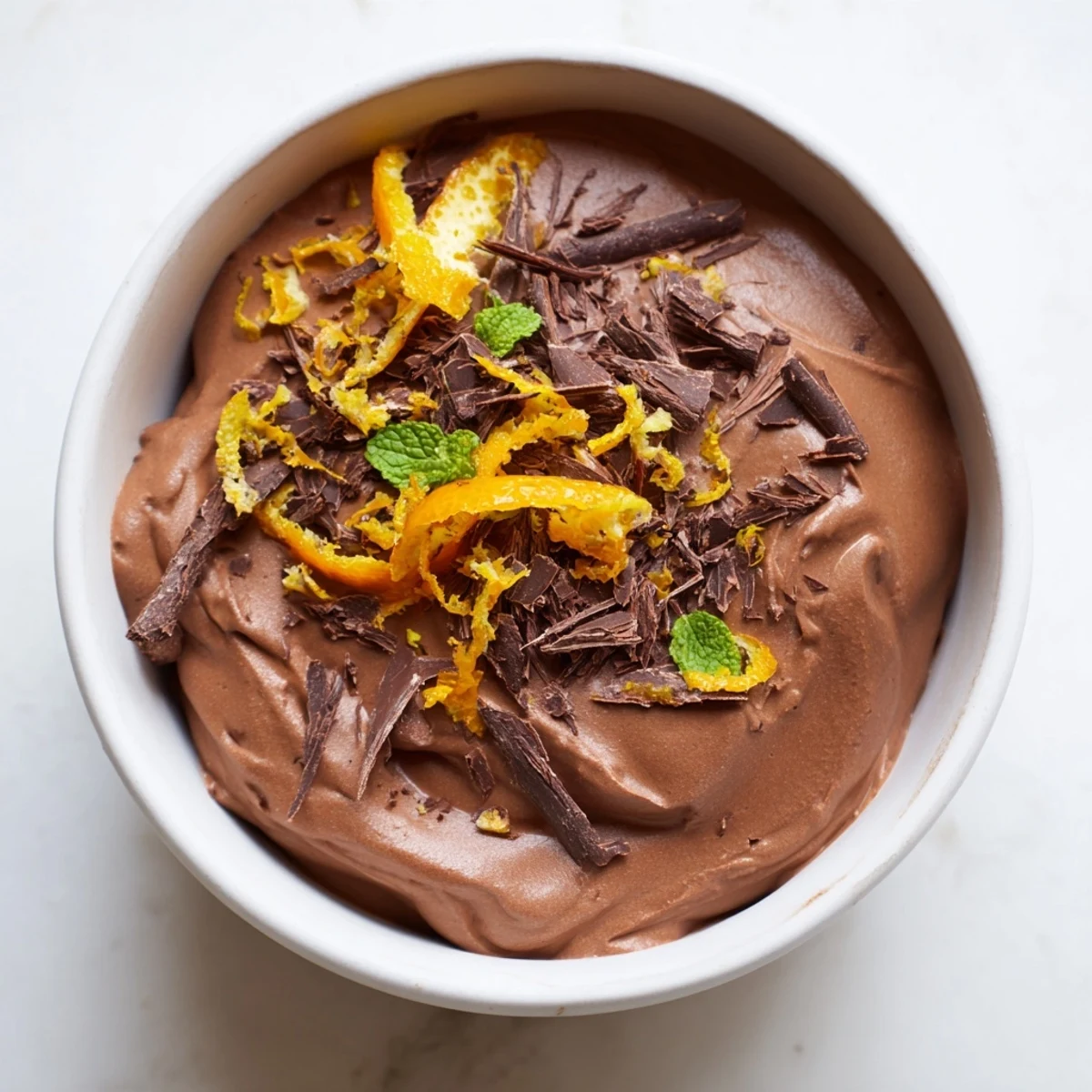 Un dessert végétalien crémeux, un mousse au chocolat et avocat avec des zestes d'orange frais.