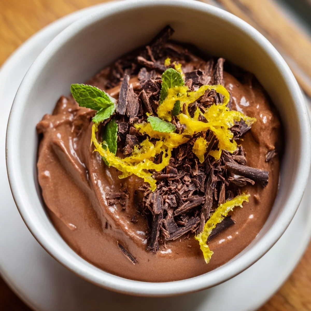 Garniture de mousse au chocolat et avocat, avec des copeaux de chocolat noir et des zestes d'orange.