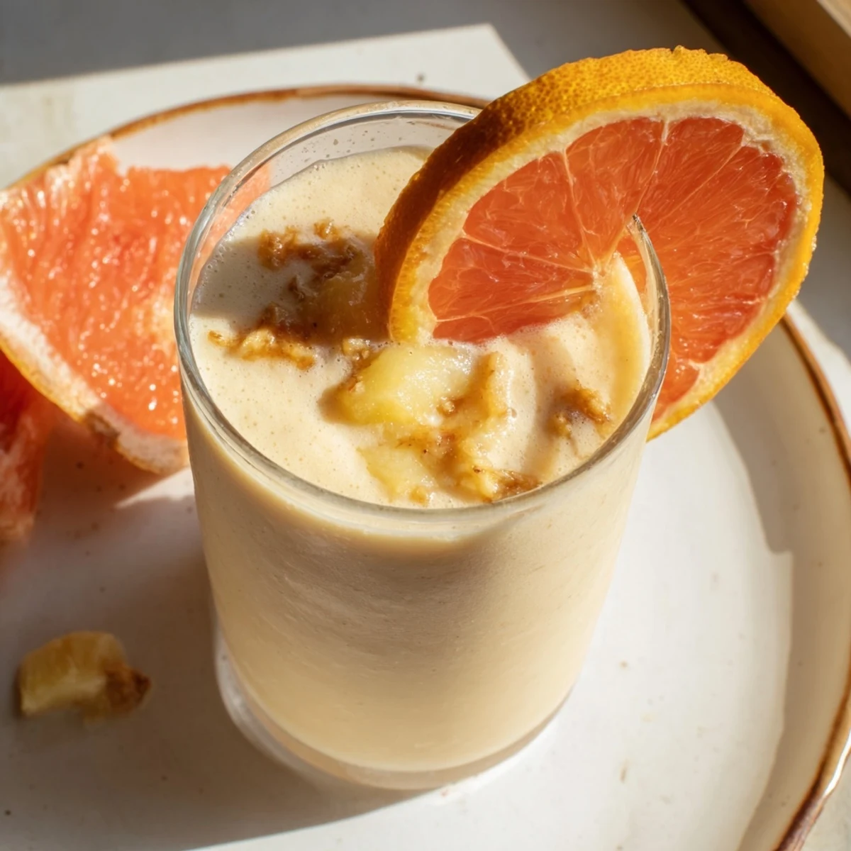 Text 1: A creamy Toasted Ginger Citrus Smoothie, with visible chunks of orange and grapefruit, is ready to be enjoyed.