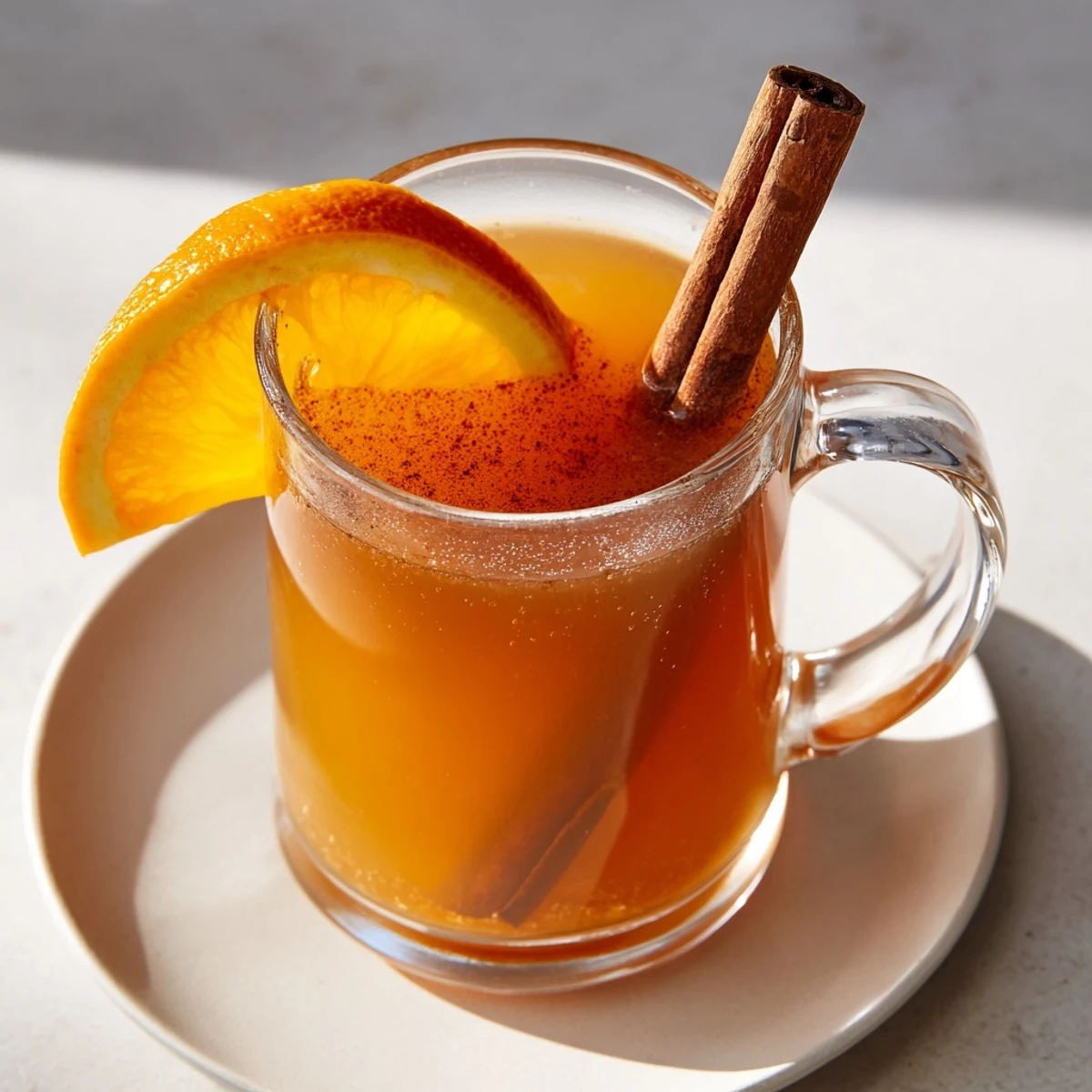 A steaming mug of spiced cider topped with an orange slice and cinnamon stick.