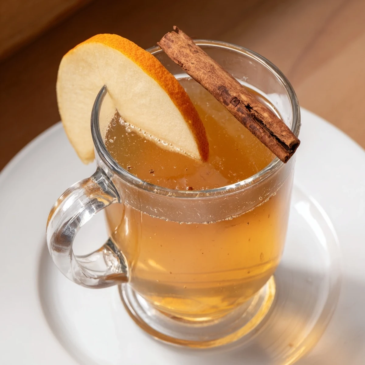 Golden-hued spiced cider simmering in a saucepan with visible spices and orange.