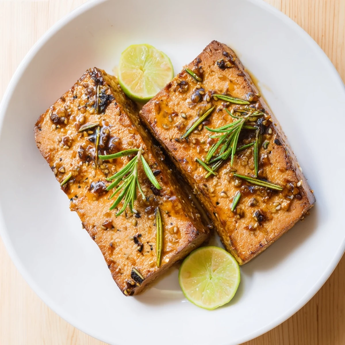 Ginger lime tofu steaks glistens, showcasing a vegan feast with vibrant rosemary and citrus garnishing this entree.