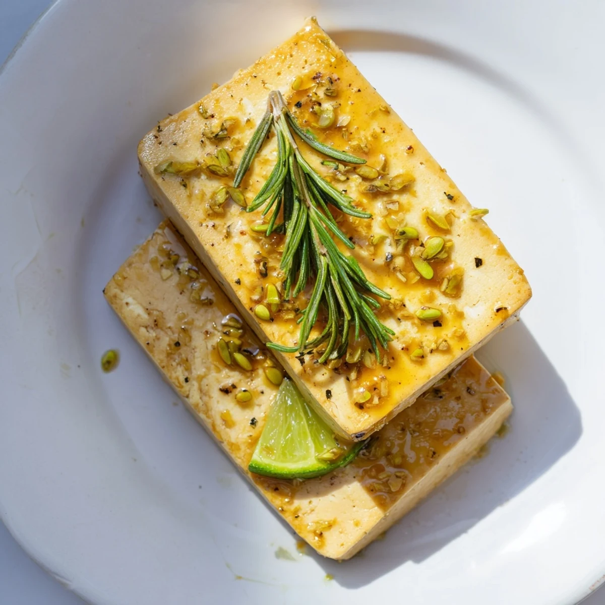 Savory Ginger Lime Tofu Steaks, sizzling golden on a pan, are prepared for a delicious, healthy dinner.