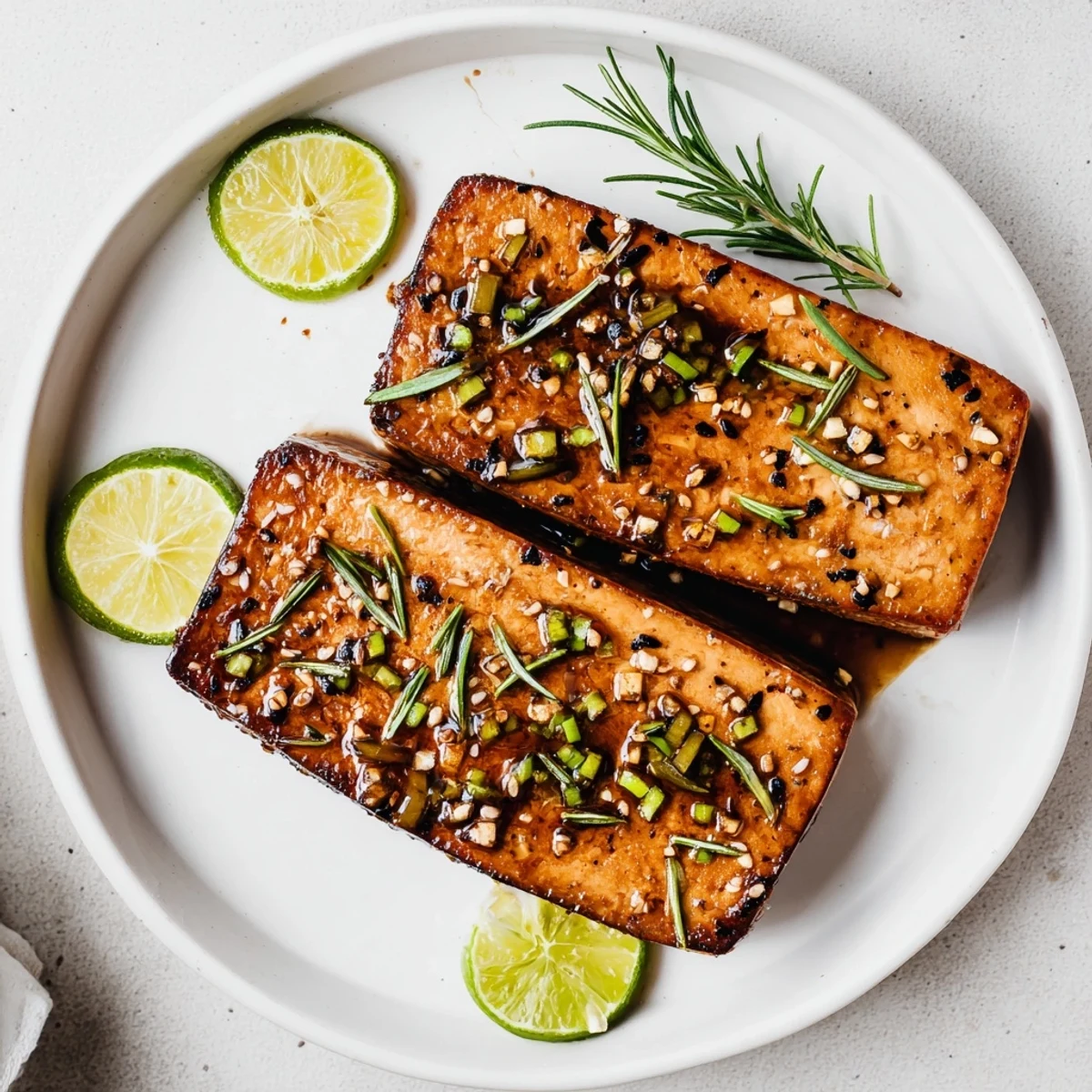 Freshly grilled Ginger Lime Tofu Steaks are plated with rosemary sprigs and lime wedges, a tasty and vegan creation.