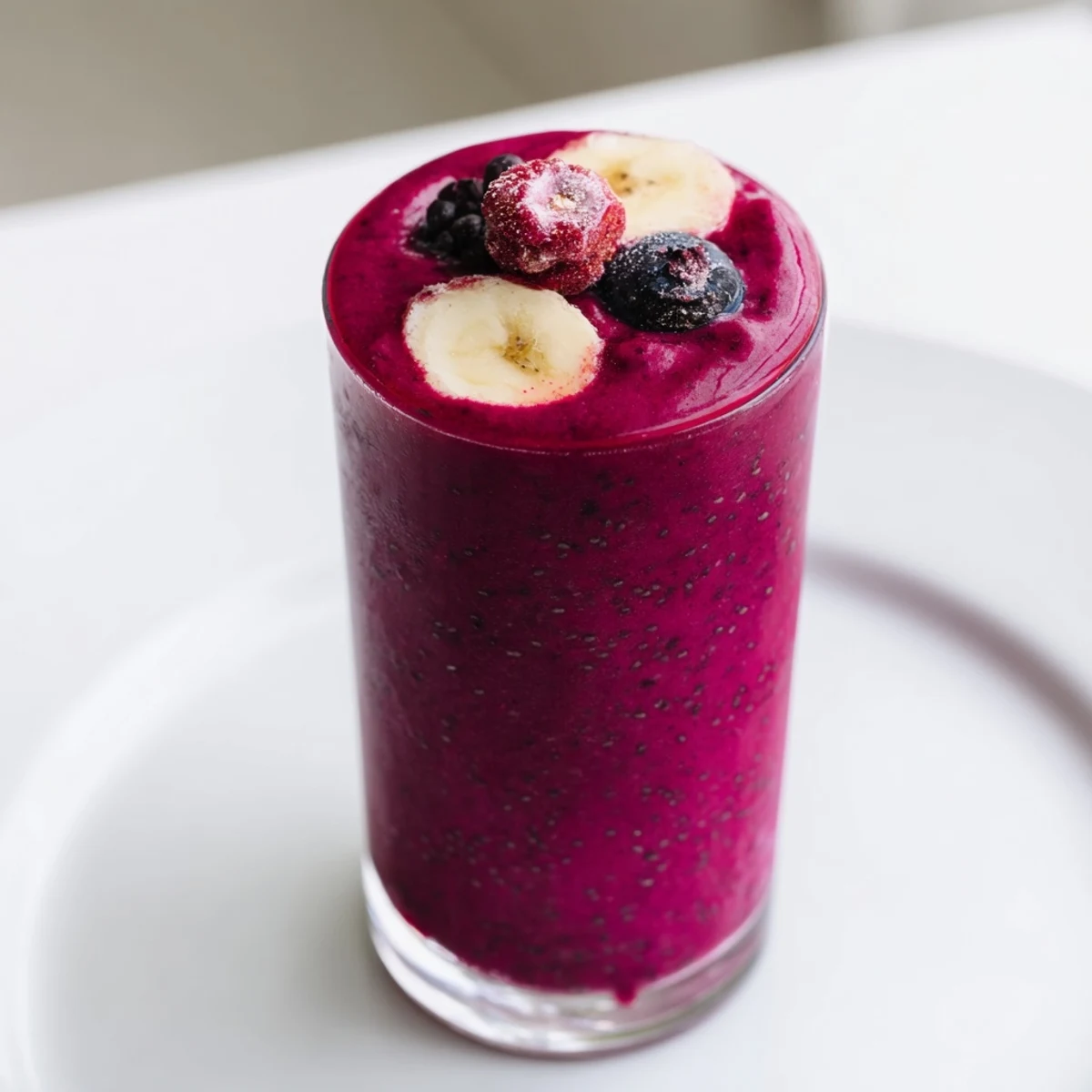 This colorful Beet and Berry Smoothie recipe shows a creamy texture, perfect for sipping.