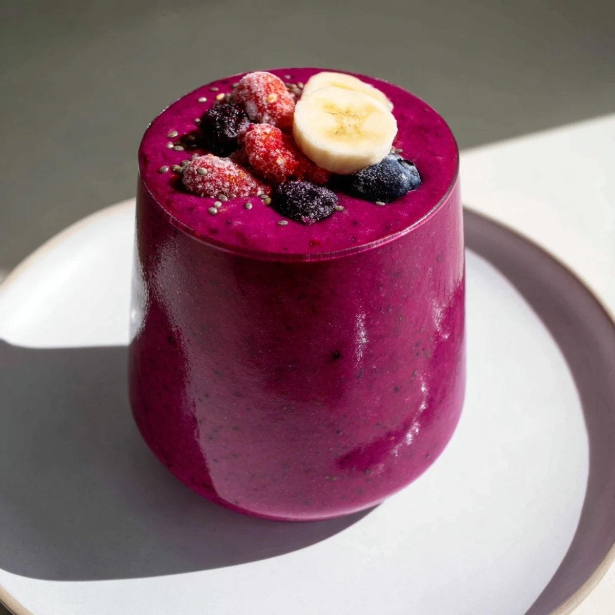 Vibrant Beet and Berry Smoothie in a glass, a refreshing breakfast drink blended smooth.