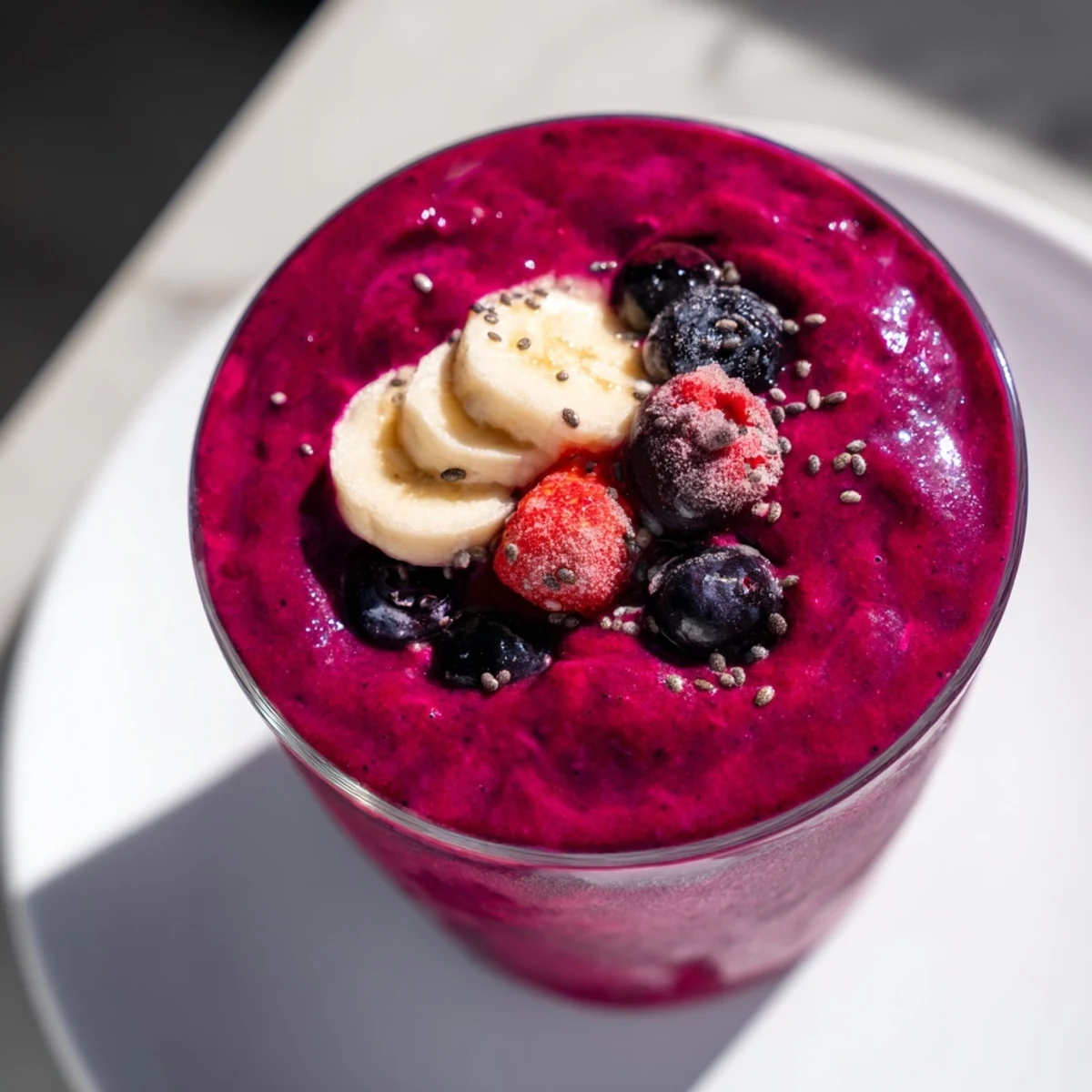 A delicious close-up of a Beet and Berry Smoothie, packed with healthy fruits and beets.