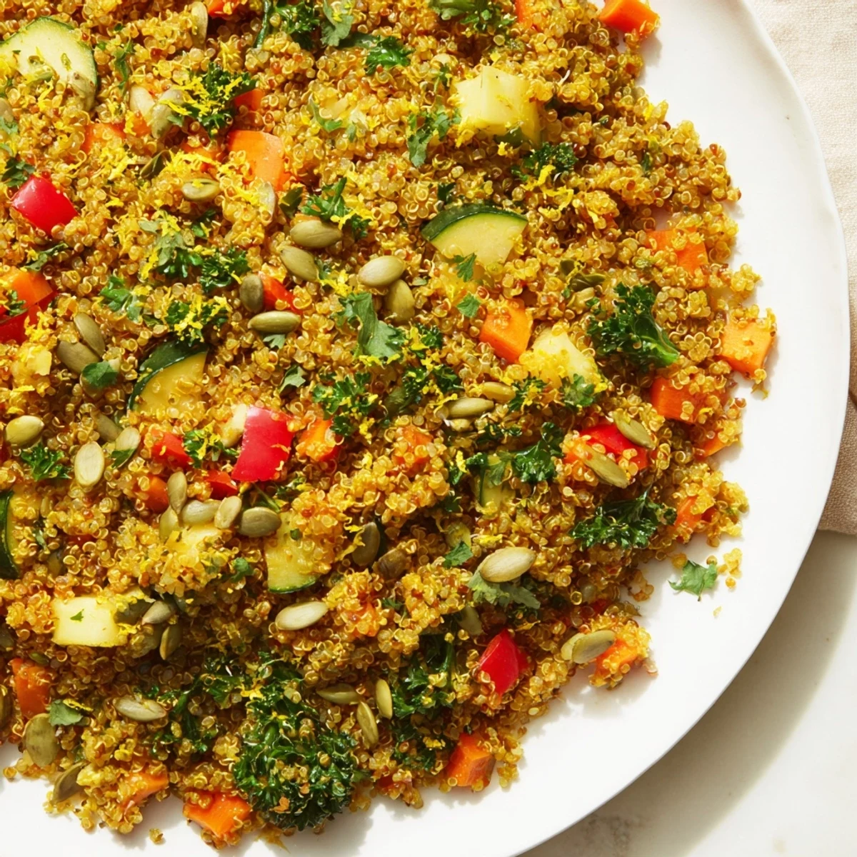 A close-up of a bowl of Immune Boosting Quinoa Rustico Pilaf, fresh from the pot, ready to eat.