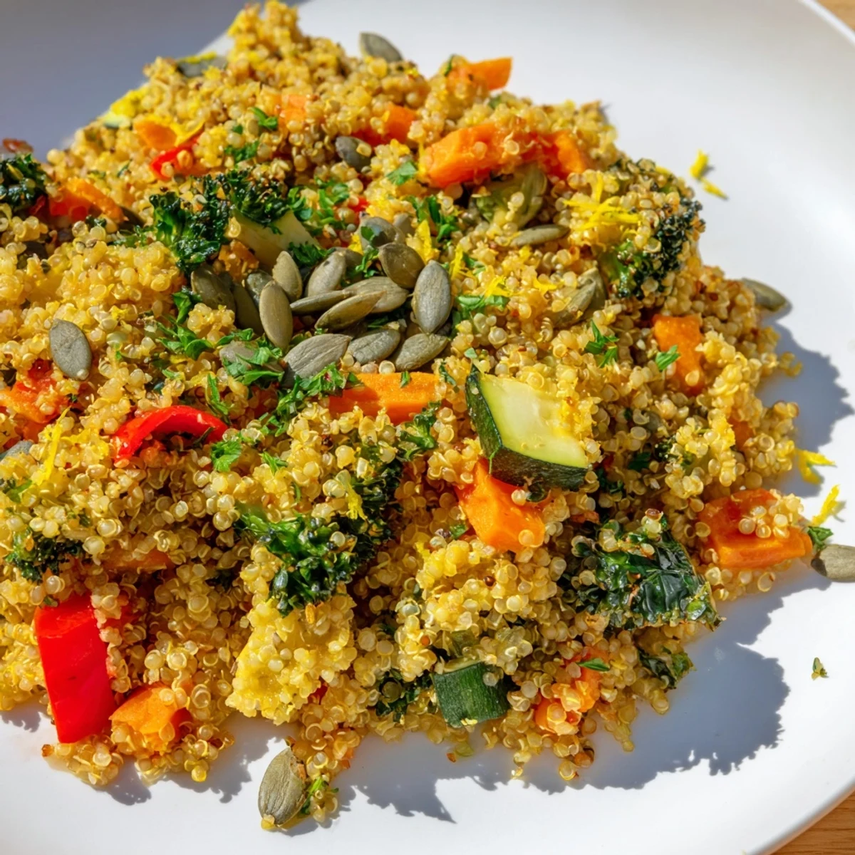 Golden-hued Immune Boosting Quinoa Rustico Pilaf, steaming hot, filled with colorful vegetables and herbs.