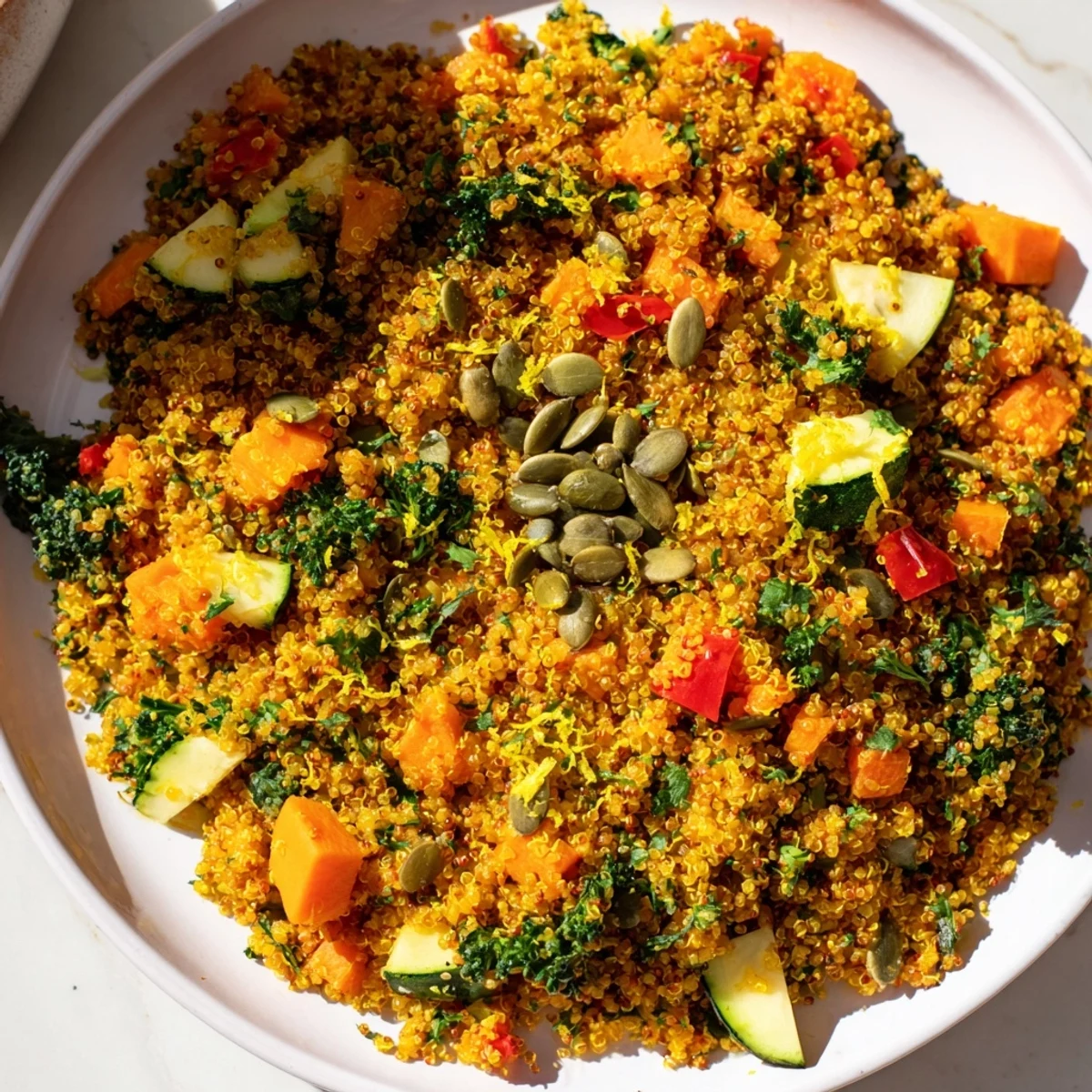 Delicious Immune Boosting Quinoa Rustico Pilaf recipe, with toasted pumpkin seeds sprinkled on top.