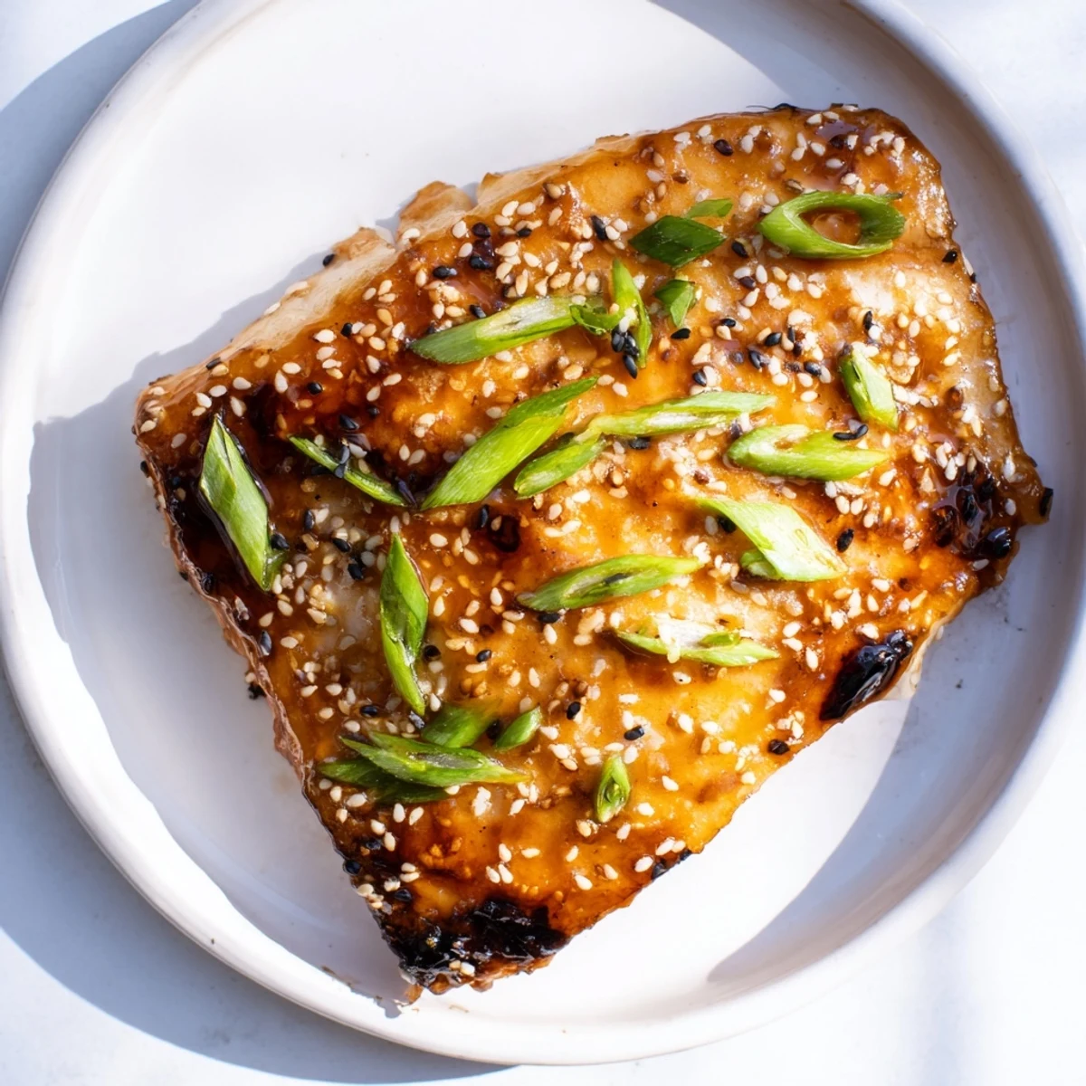 Miso Glazed Cod glistening on a plate, showcasing a beautifully caramelized, flaky texture.