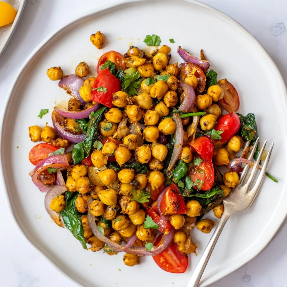 Golden-hued Spiced Turmeric Chickpea Skillet, ready to serve with a dollop of yogurt.