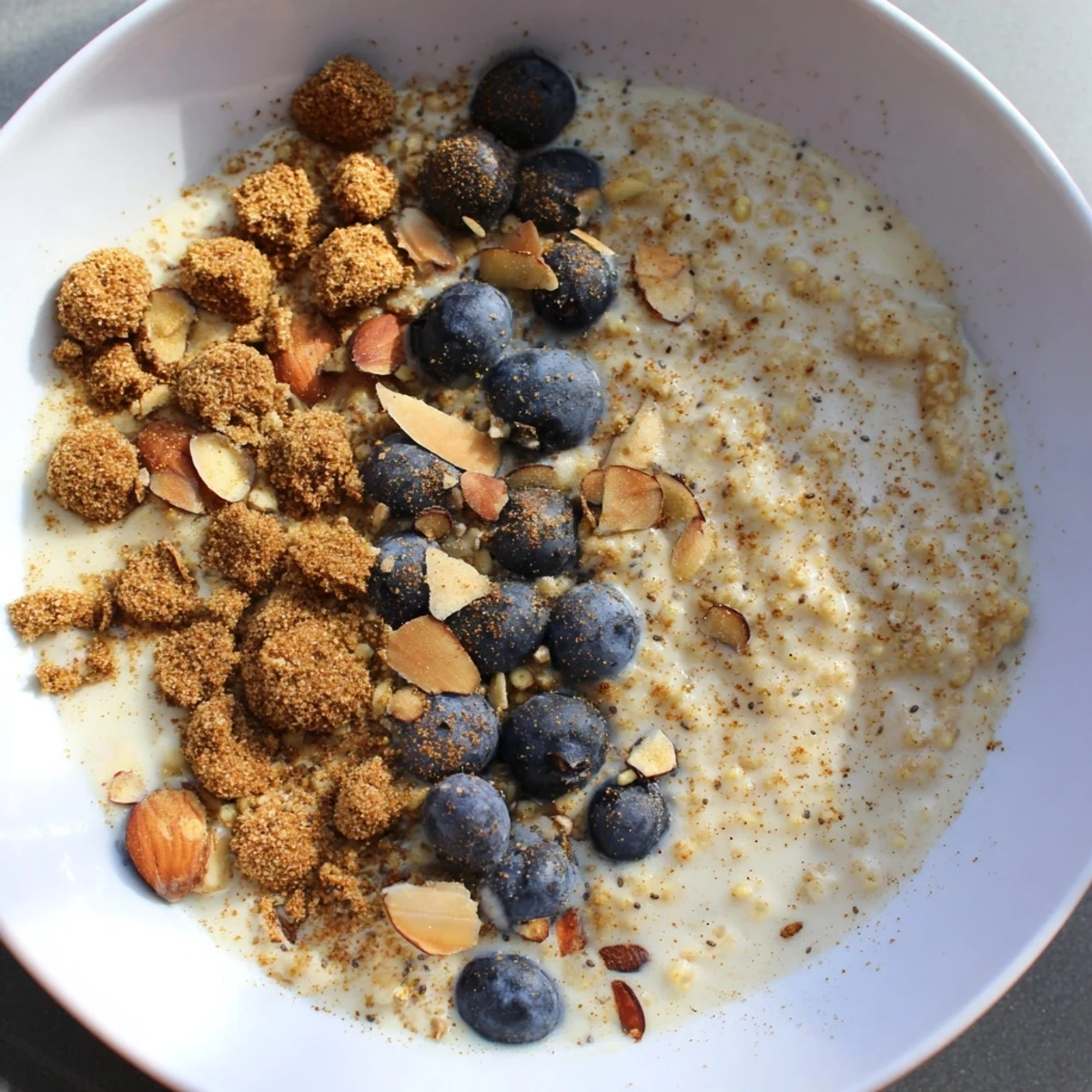 Slow roasted millet porridge, a warm, creamy breakfast with cinnamon and toasted nuts, ready to serve.