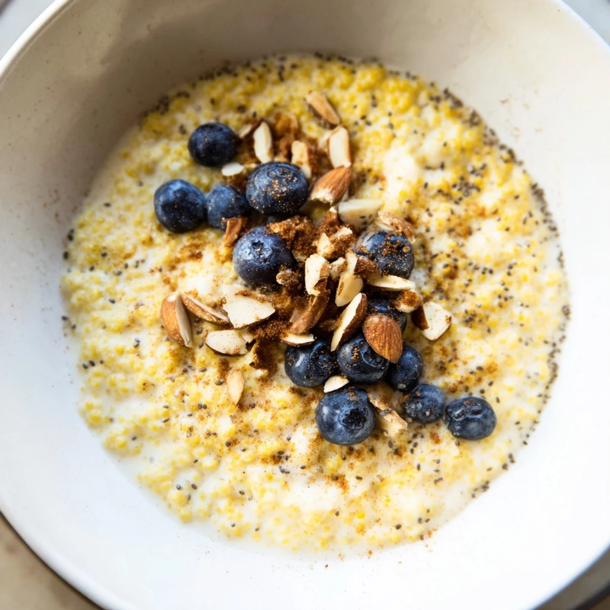 A comforting bowl of slow roasted millet porridge, richly flavored with vanilla and sweet maple syrup.