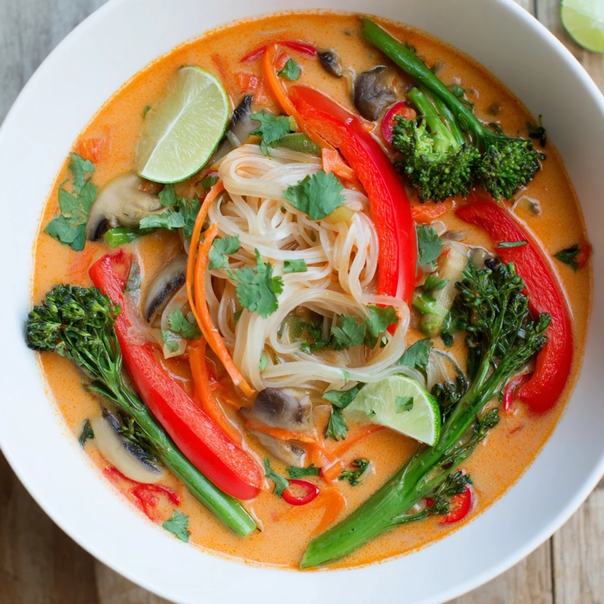 Vibrant Thai red curry noodle soup close-up showing noodles and vegetables swimming in creamy broth.