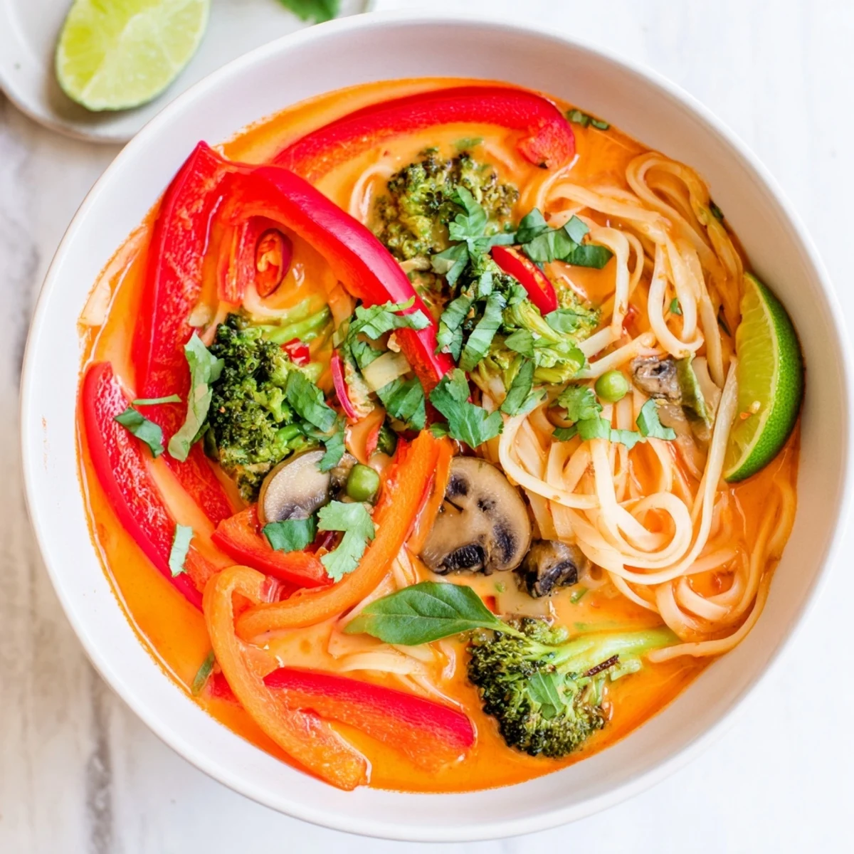 Aromatic Thai red curry noodle soup garnished with fresh basil and lime wedges for a flavorful meal.