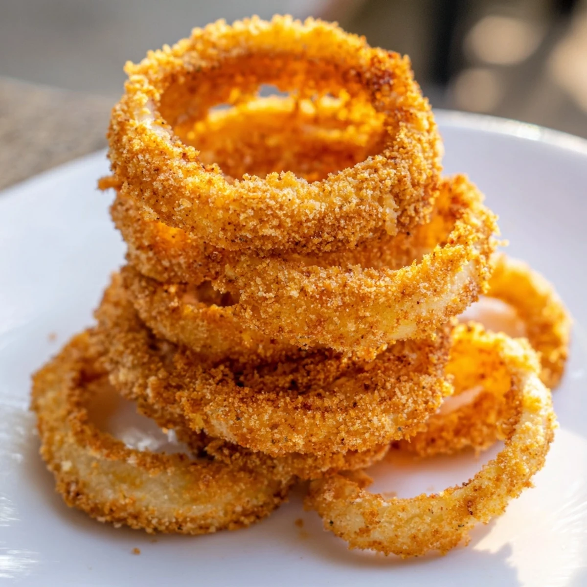 Close-up of freshly fried crispy onion rings, showcasing their perfect, satisfying crunch and flavor.